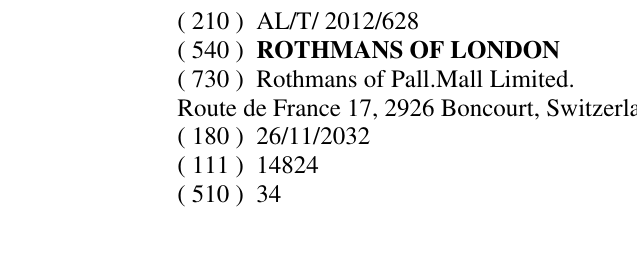 Zëri i markës ROTHMANS OF LONDON në buletin