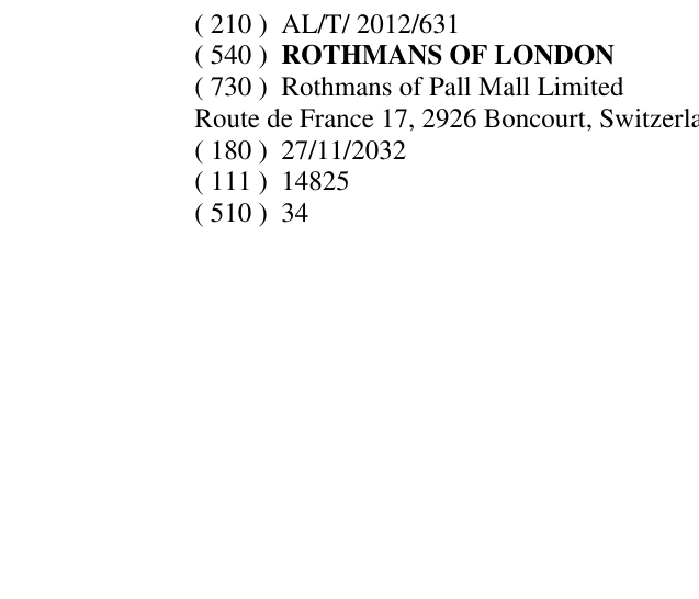 Zëri i markës ROTHMANS OF LONDON në buletin