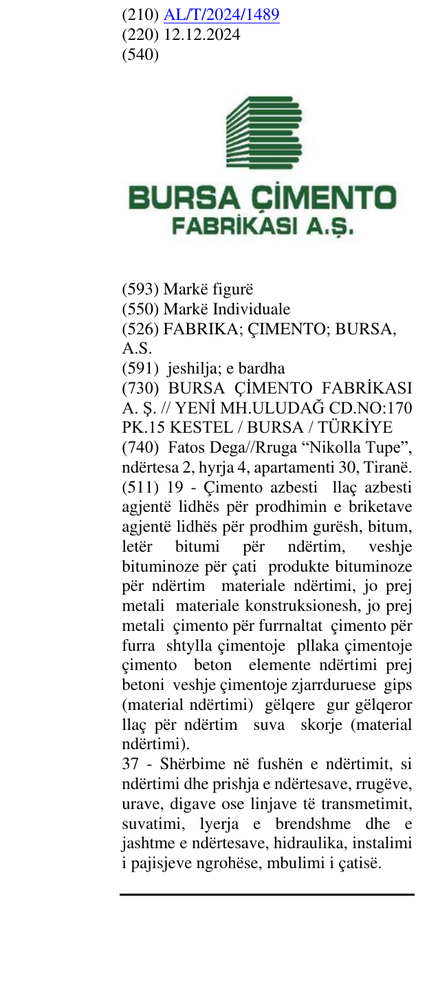 Zëri i markës FABRIKA; ÇIMENTO; BURSA, A.S. në buletin