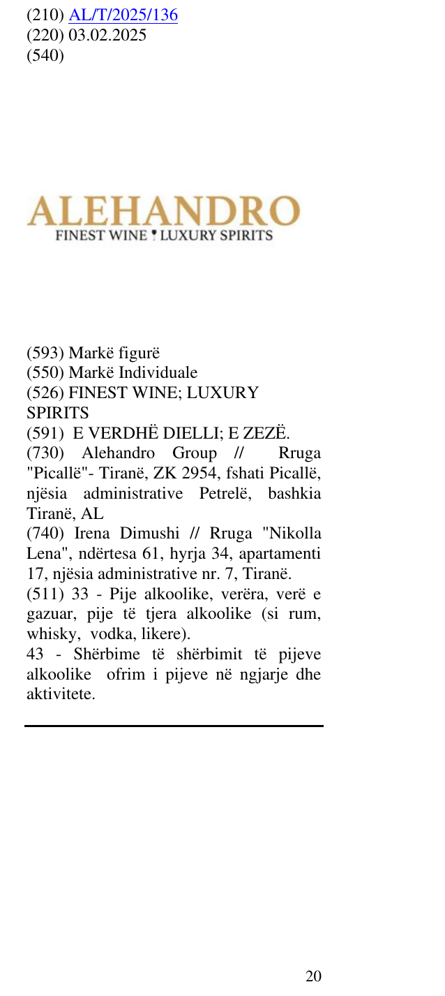 Zëri i markës FINEST WINE; LUXURY SPIRITS në buletin