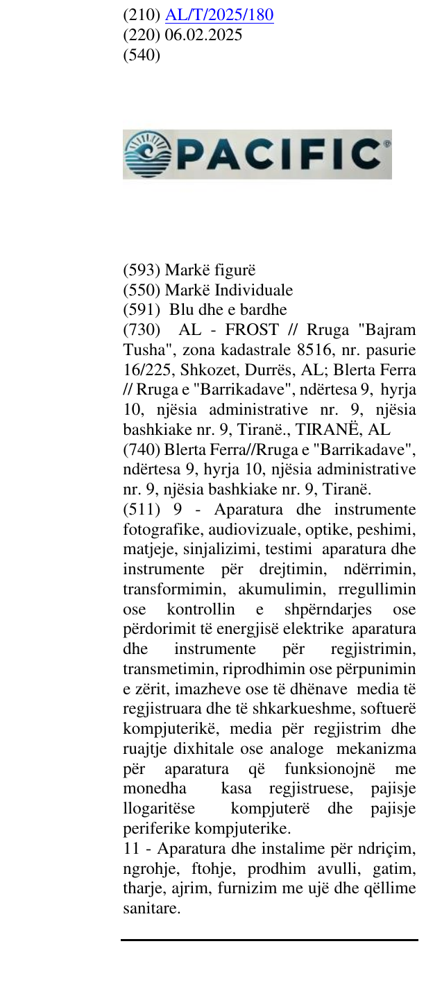 Zëri i markës PACIFIC në buletin