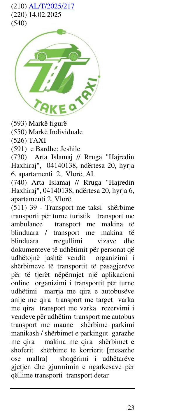 Zëri i markës TAXI në buletin