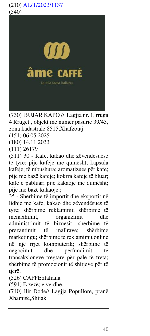 Zëri i markës CAFFE;italiana në buletin