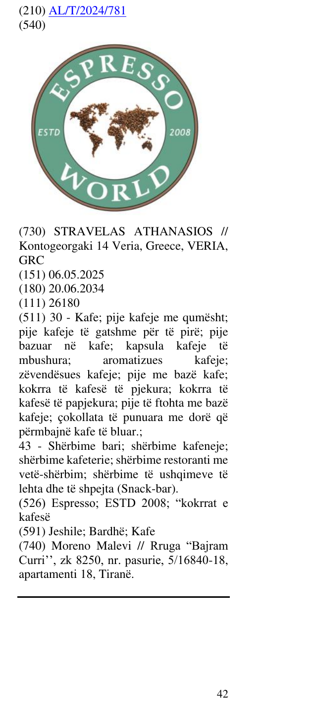 Zëri i markës Espresso; ESTD 2008; “kokrrat e kafesë në buletin