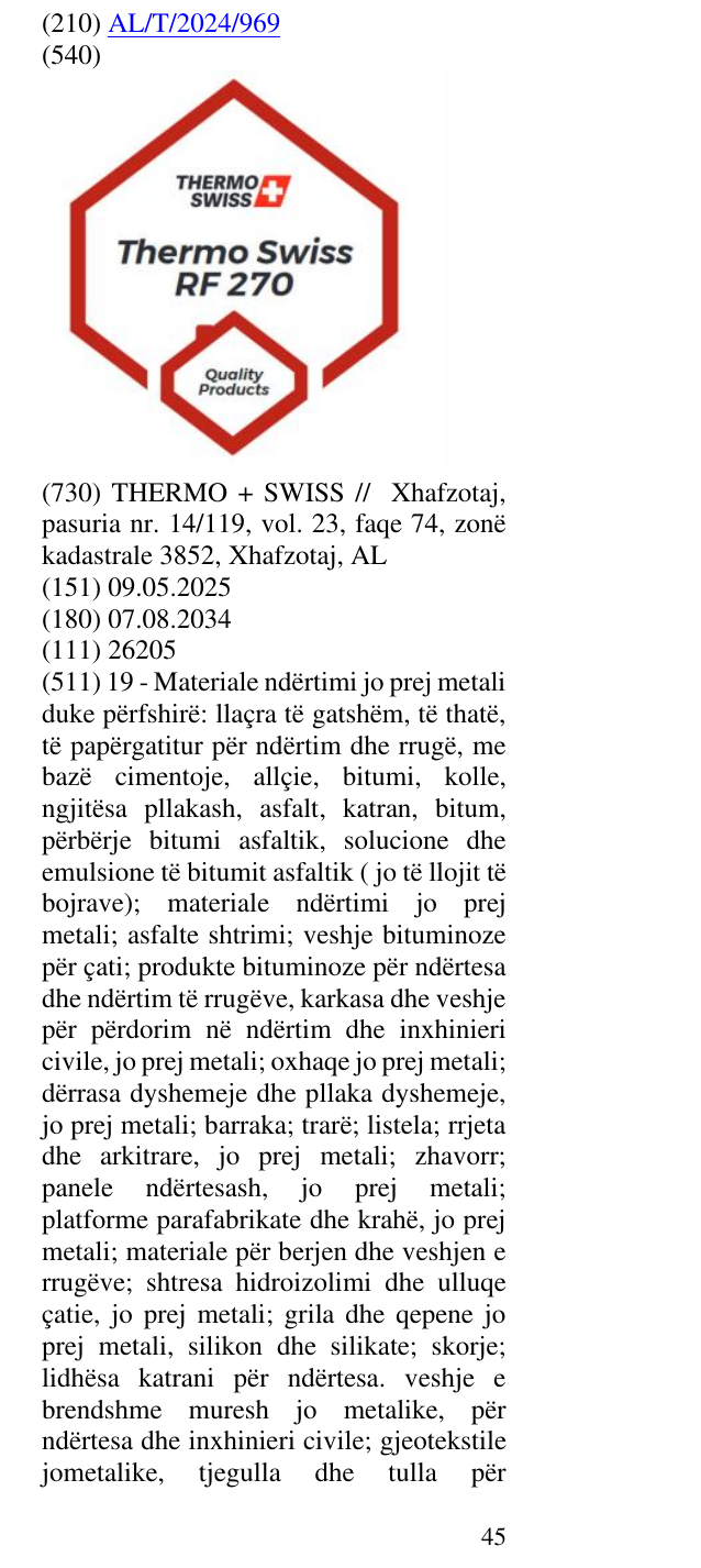 Zëri i markës Quality ; Products ; Thermo; simboli i flamurit te Zvicres në buletin