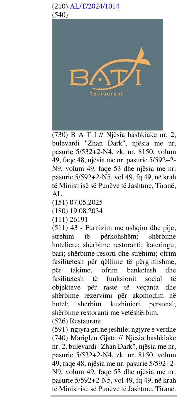 Zëri i markës Restaurant në buletin