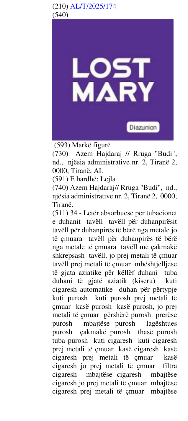 Zëri i markës LOST MARY DIAZUNION në buletin