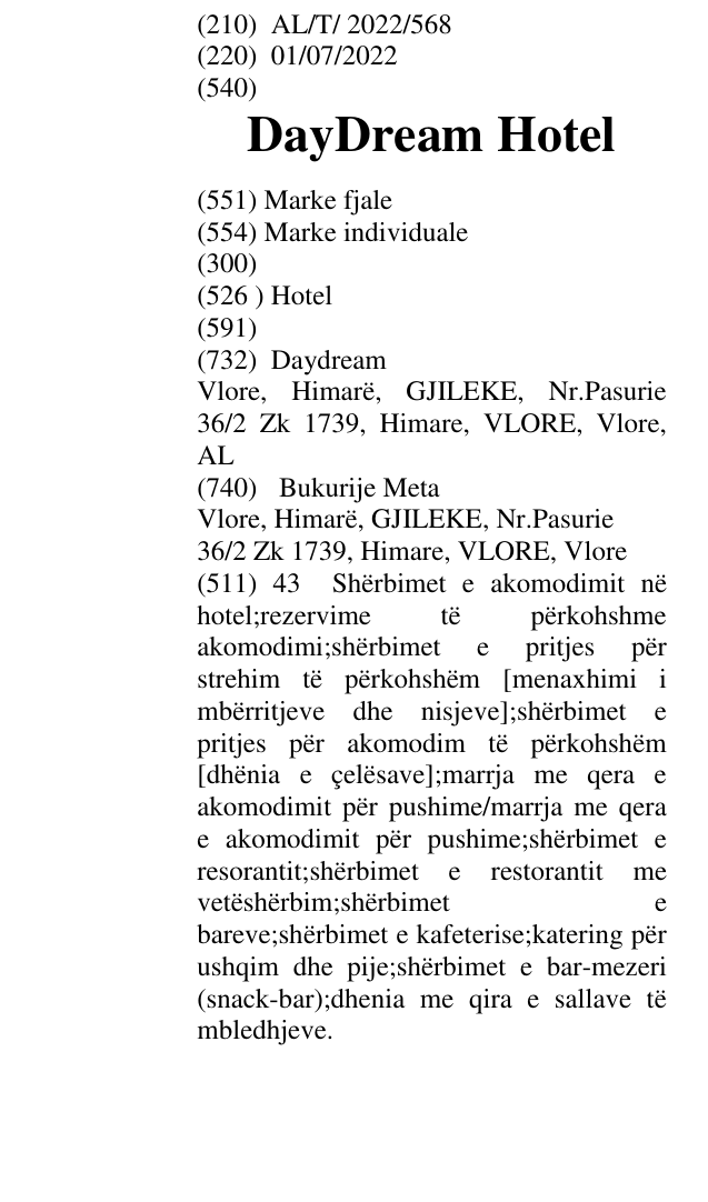 Zëri i markës DayDream Hotel në buletin