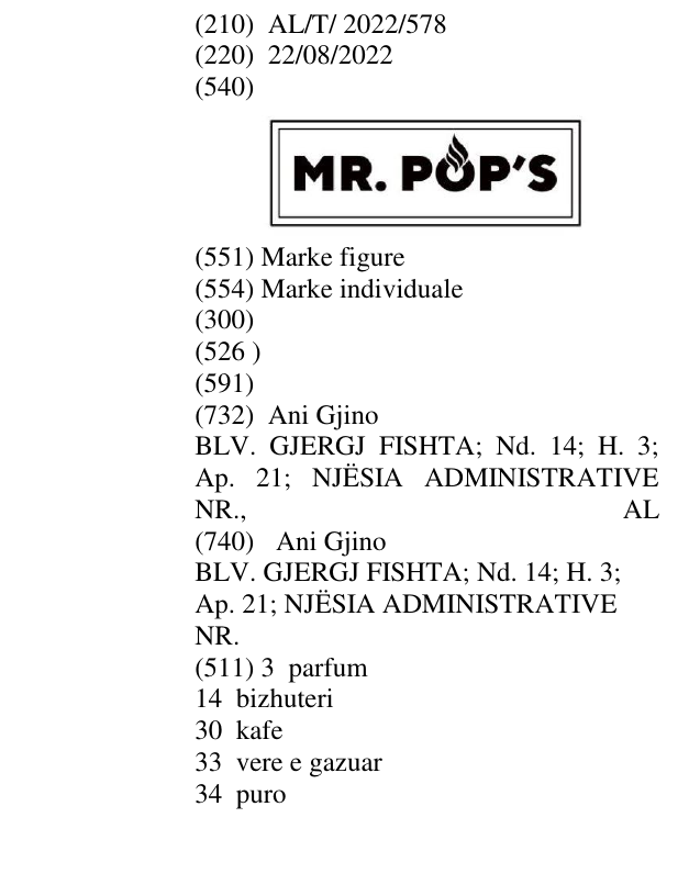 Zëri i markës MR.POP'S në buletin