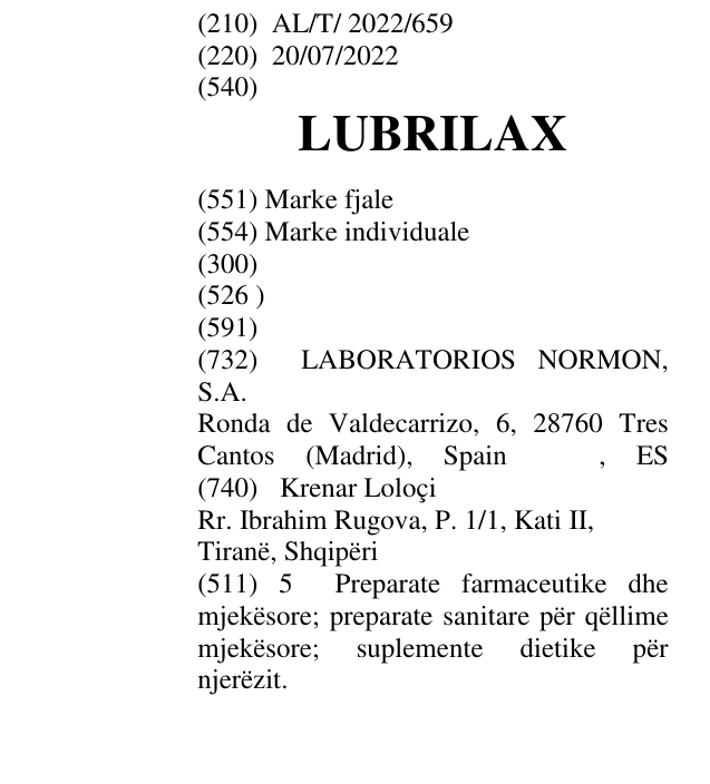Zëri i markës LUBRILAX në buletin