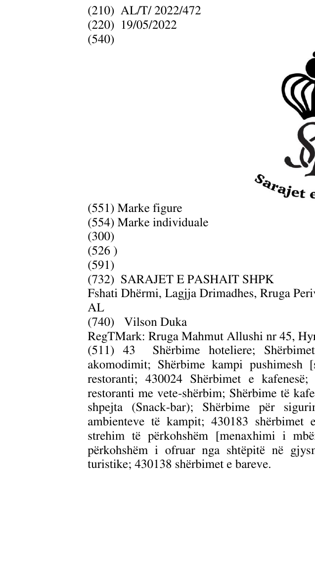 Zëri i markës SP Sarajet e Pashait në buletin