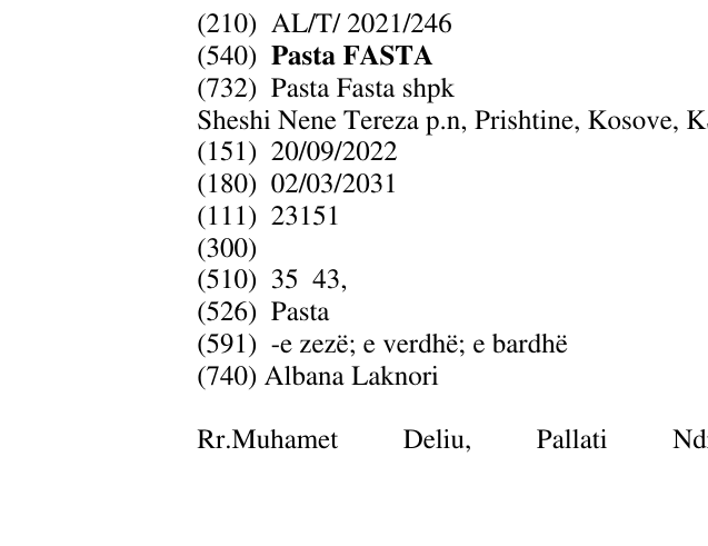 Zëri i markës Pasta FASTA në buletin