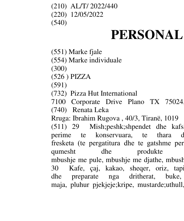 Zëri i markës PERSONAL PAN PIZZA në buletin