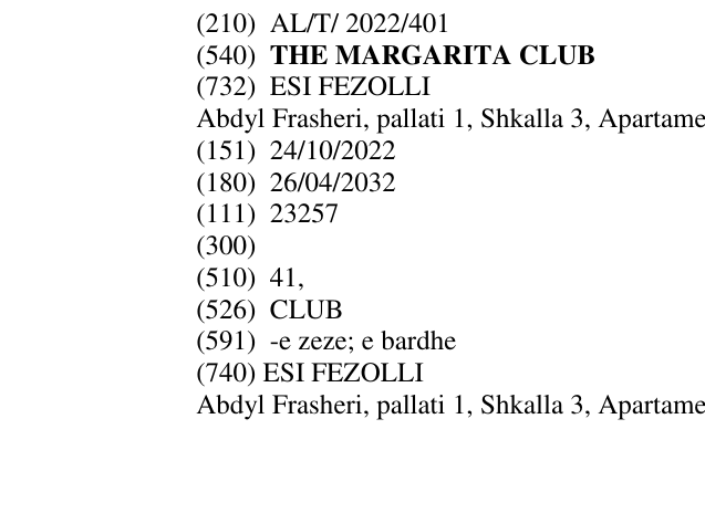 Zëri i markës THE MARGARITA CLUB në buletin