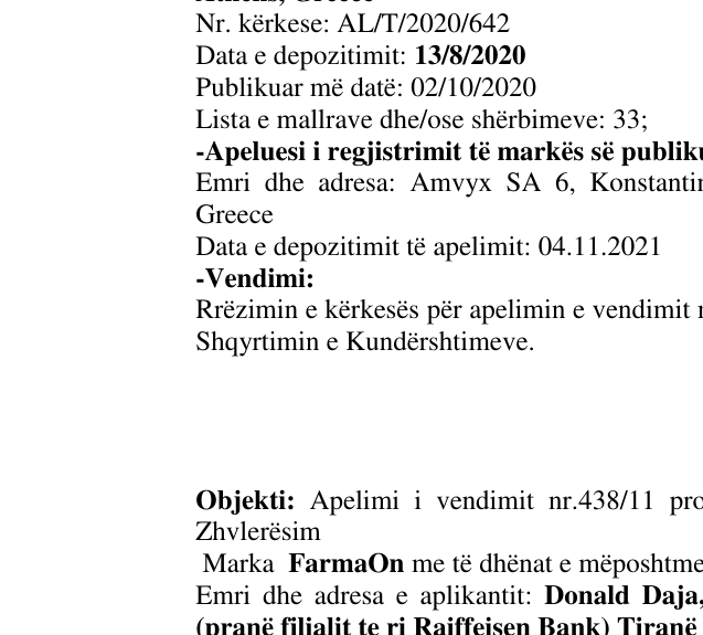 Zëri i markës Serkova në buletin