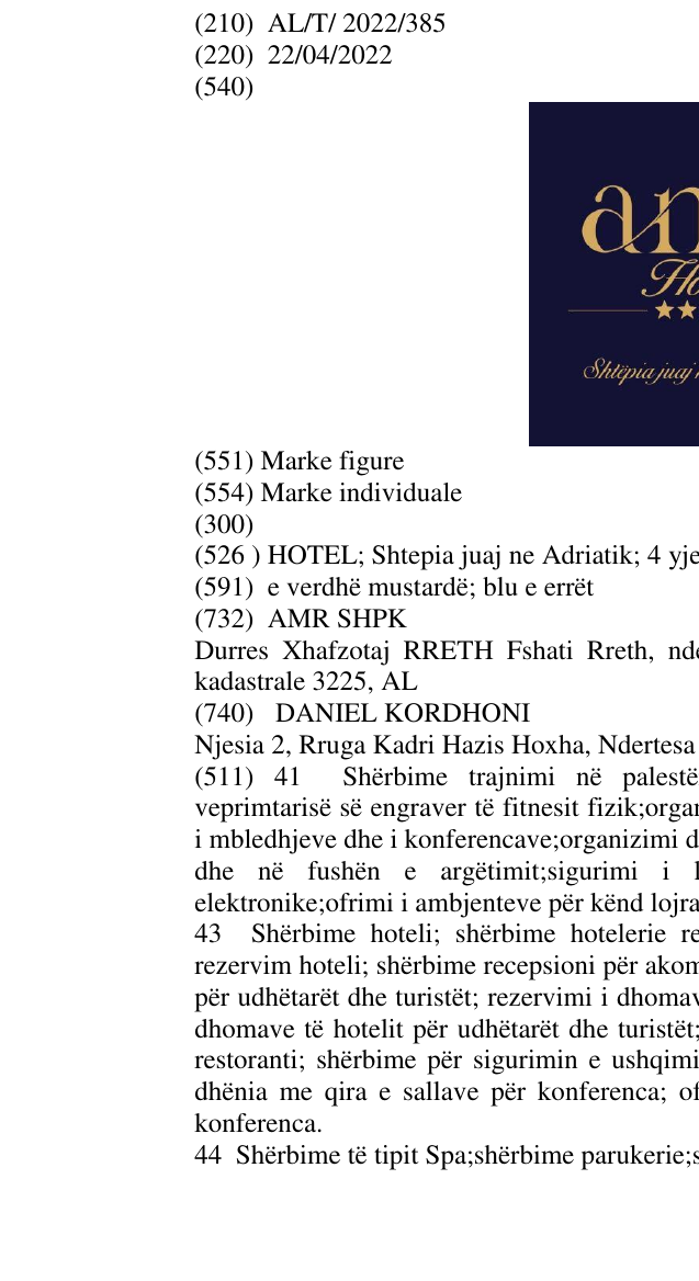 Zëri i markës HOTEL; Shtepia juaj ne Adriatik; 4 yjet në buletin