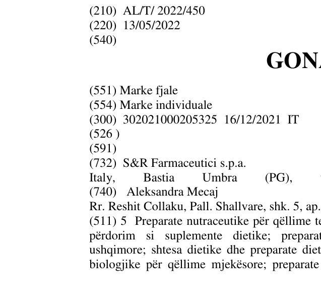 Zëri i markës GONALIA në buletin