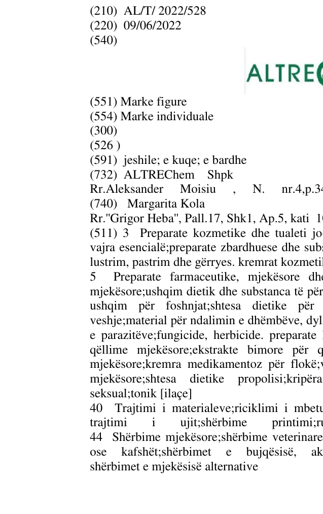 Zëri i markës ALTRECHEM në buletin
