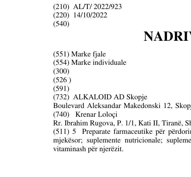 Zëri i markës NADRIVALOR në buletin