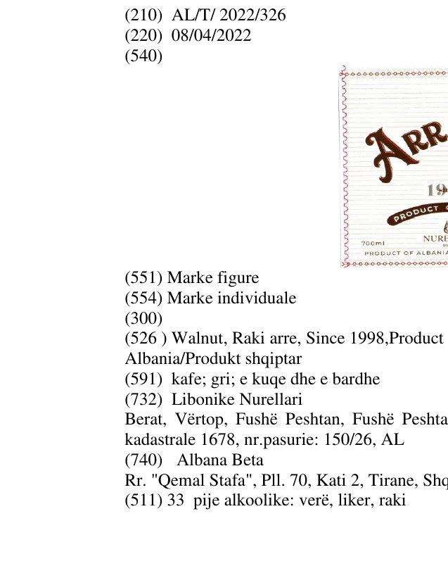 Zëri i markës Walnut, Raki arre, Since 1998,Product of quality, 700 ml, Berat, 40% vol, Product of Albania/Produkt shqiptar në buletin