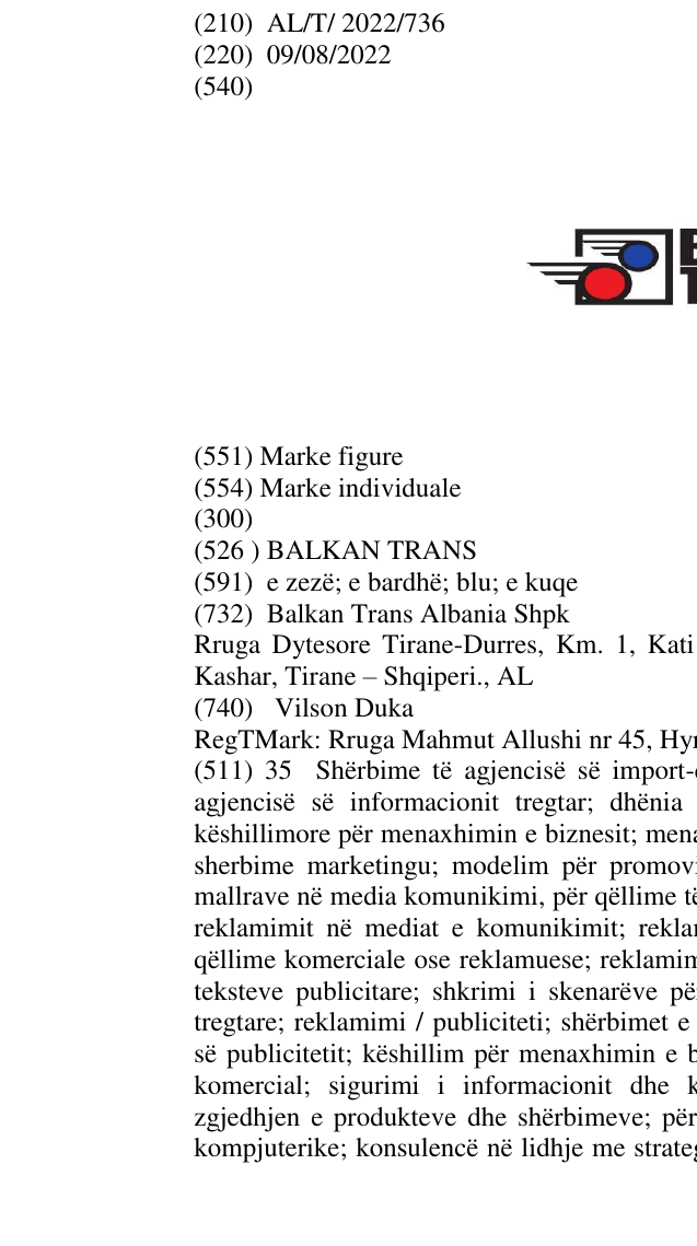 Zëri i markës BALKAN TRANS në buletin
