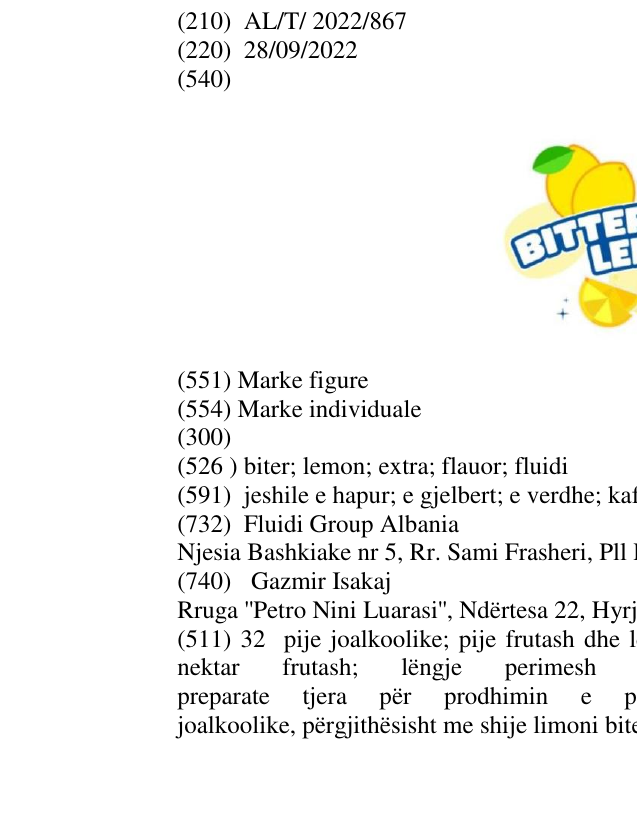 Zëri i markës biter; lemon; extra; flauor; fluidi në buletin
