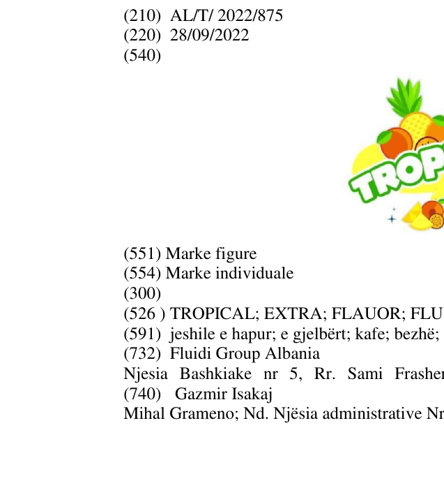 Zëri i markës TROPICAL; EXTRA; FLAUOR; FLUIDI në buletin