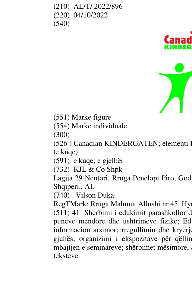Zëri i markës Canadian KINDERGATEN; elementi figurativ i flamurit kanadez (gjethja me ngjyre te kuqe) në buletin