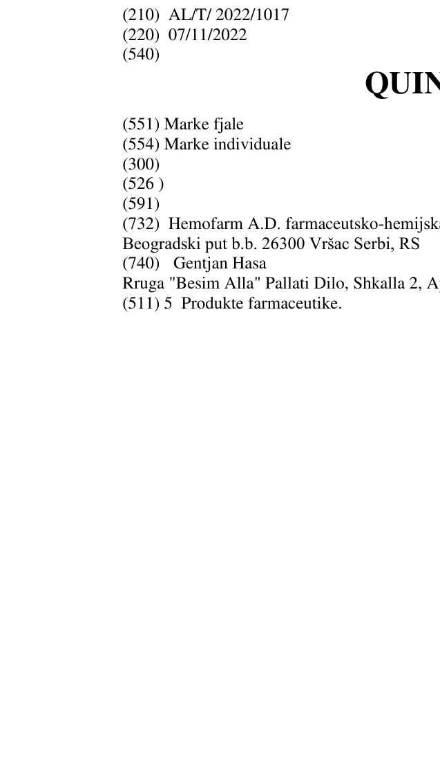 Zëri i markës QUINDRA në buletin
