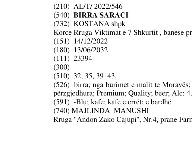 Zëri i markës BIRRA SARACI në buletin