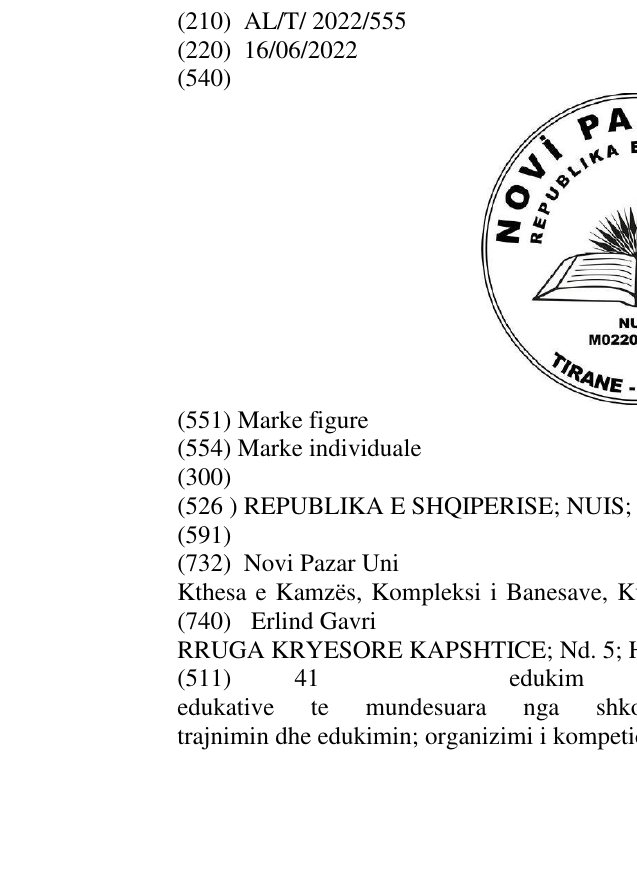 Zëri i markës REPUBLIKA E SHQIPERISE; NUIS; M02209033U; TIRANE-ALBANIA në buletin