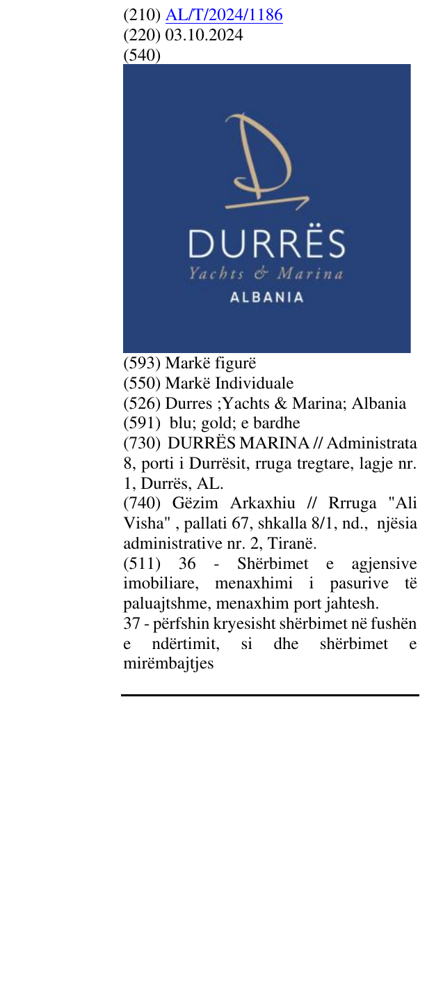 Zëri i markës Durres ;Yachts & Marina; Albania në buletin