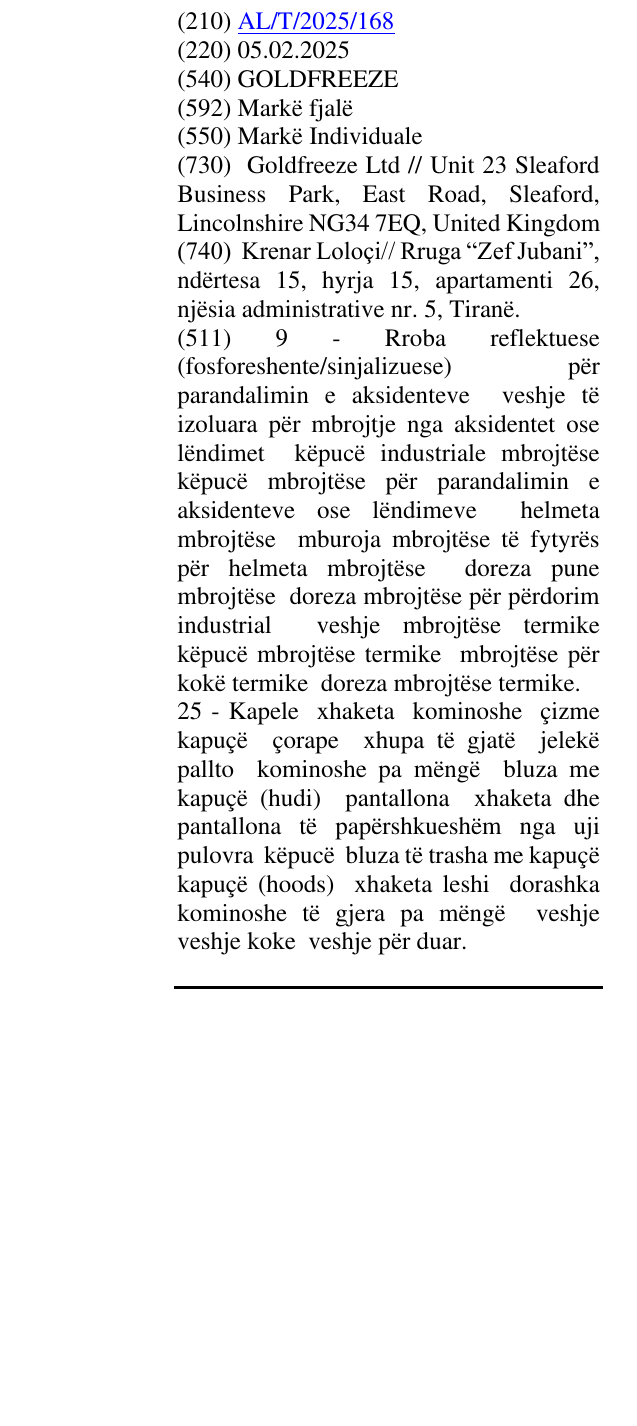 Zëri i markës GOLDFREEZE në buletin