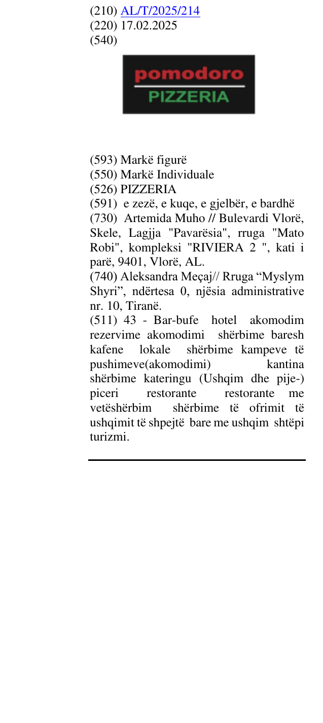 Zëri i markës PIZZERIA në buletin