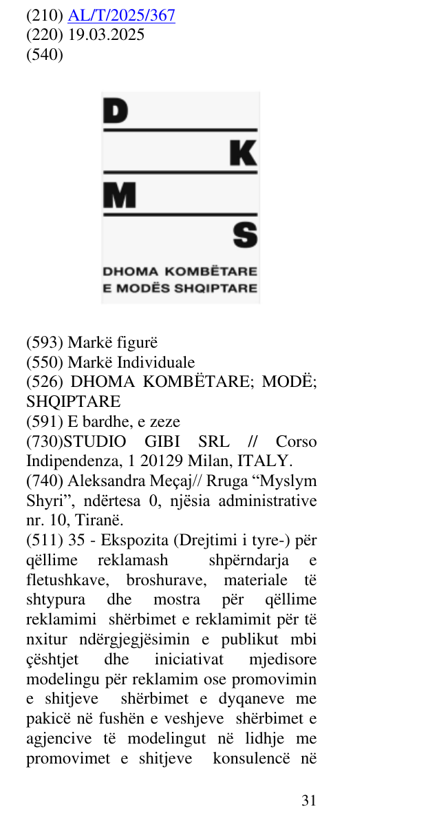 Zëri i markës DHOMA KOMBËTARE; MODË; SHQIPTARE në buletin