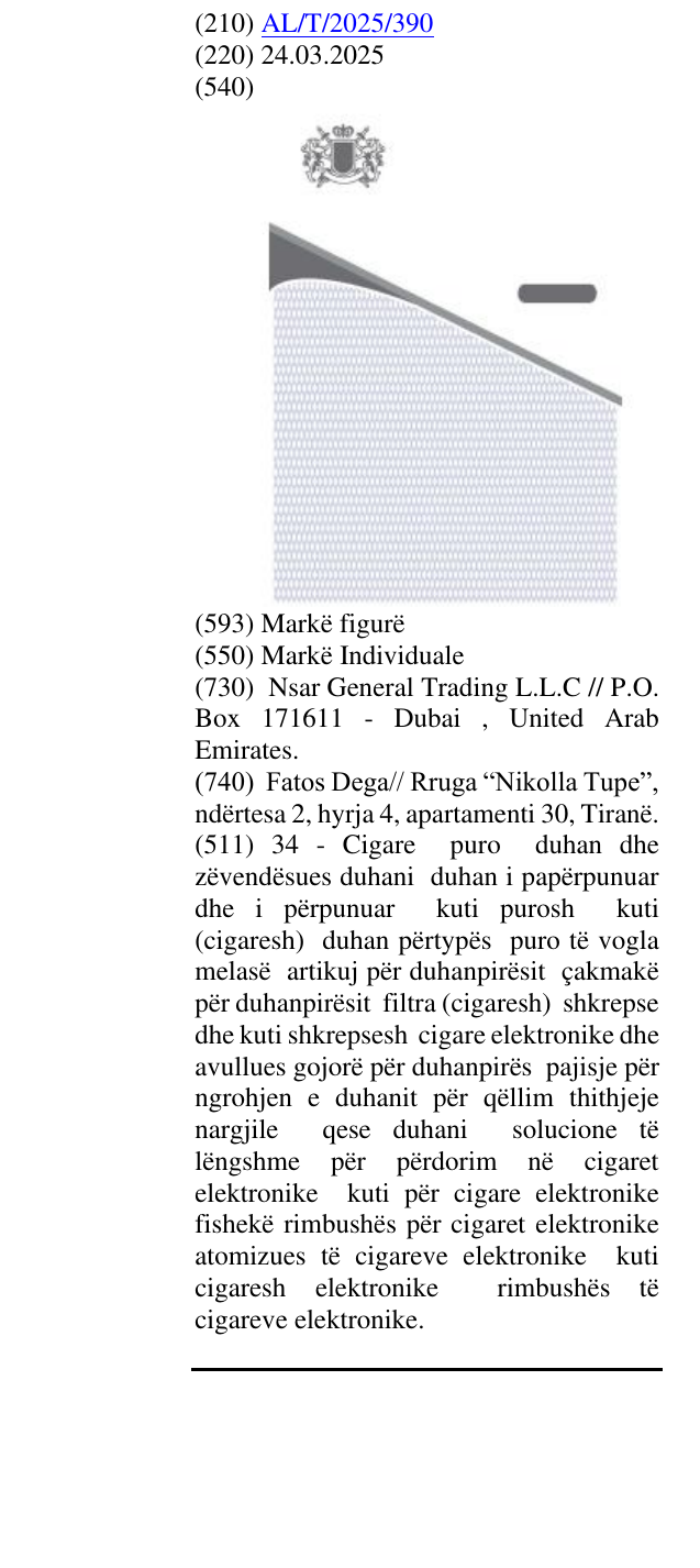 Zëri i markës AL/T/2025/390 në buletin