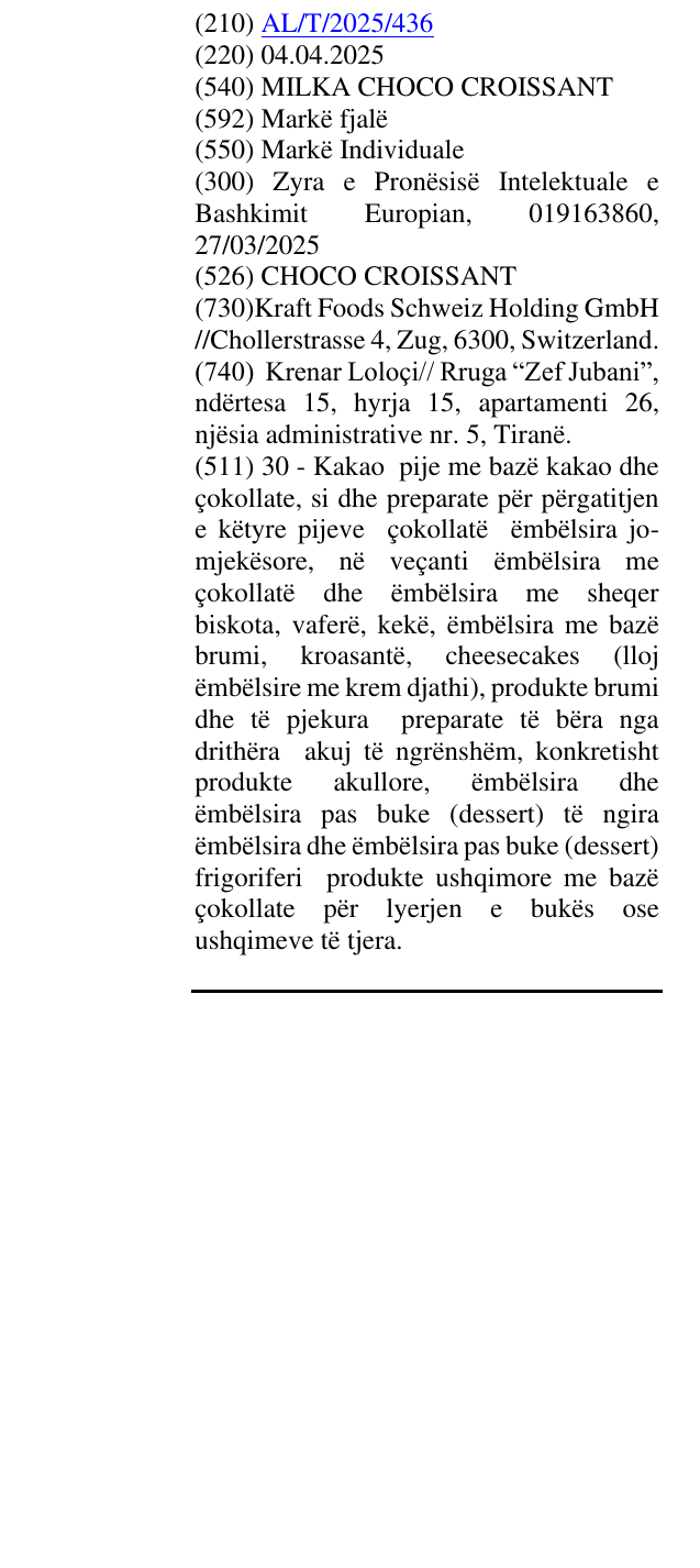 Zëri i markës MILKA CHOCO CROISSANT në buletin