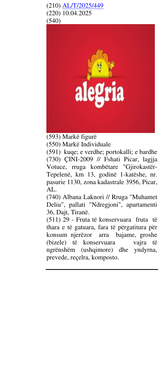 Zëri i markës Alegria në buletin