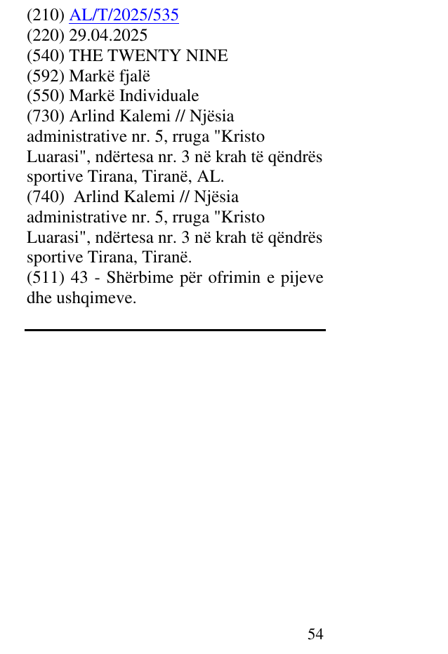 Zëri i markës THE TWENTY NINE në buletin