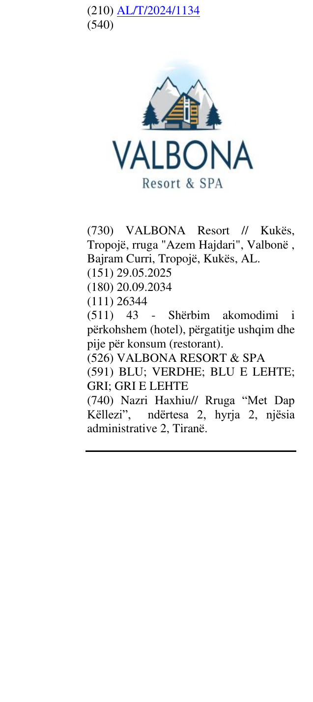 Zëri i markës VALBONA RESORT & SPA në buletin