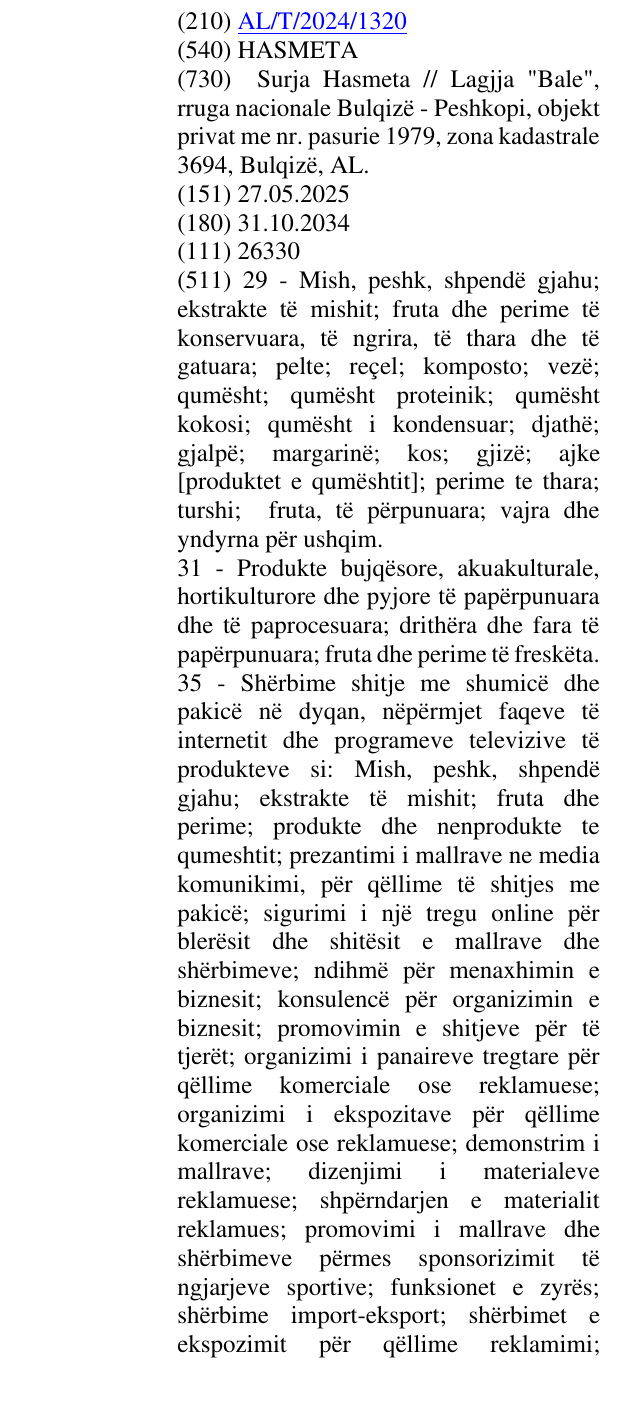 Zëri i markës HASMETA në buletin