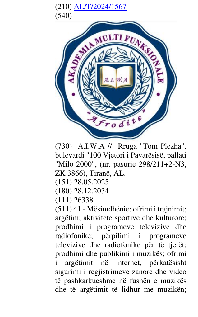 Zëri i markës AKADEMIA MULTIFUNKSIONALE në buletin