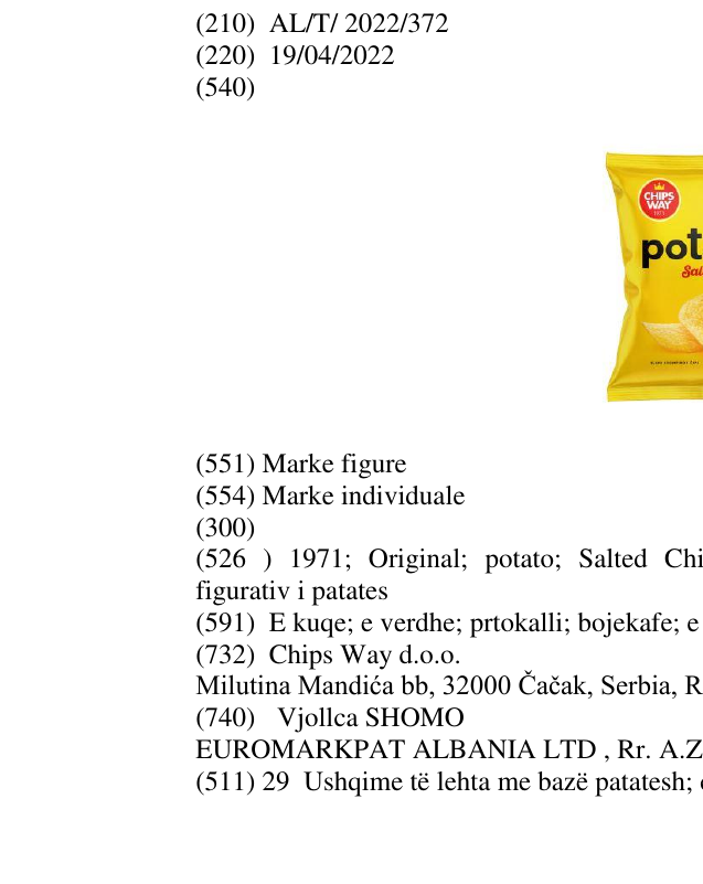 Zëri i markës 1971; Original; potato; Salted Chips; SLANI KROMPIROV CIPS; elementi figurativ i patates në buletin