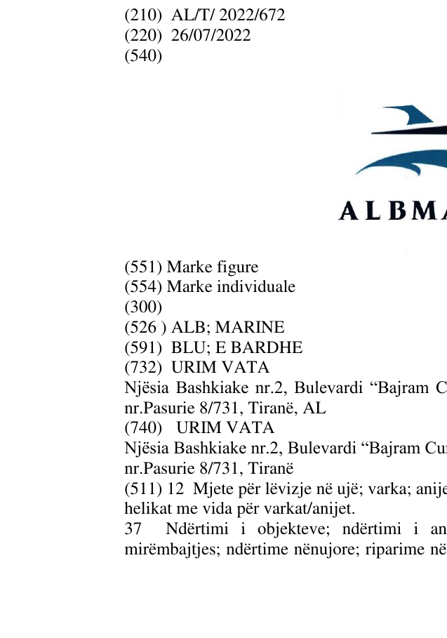 Zëri i markës ALB; MARINE në buletin