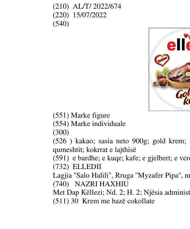 Zëri i markës kakao; sasia neto 900g; gold krem; imazhi i bukës se lyer me krem dhe gota e qumeshtit; kokrrat e lajthisë në buletin