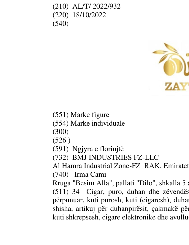Zëri i markës ZAYTONA në buletin