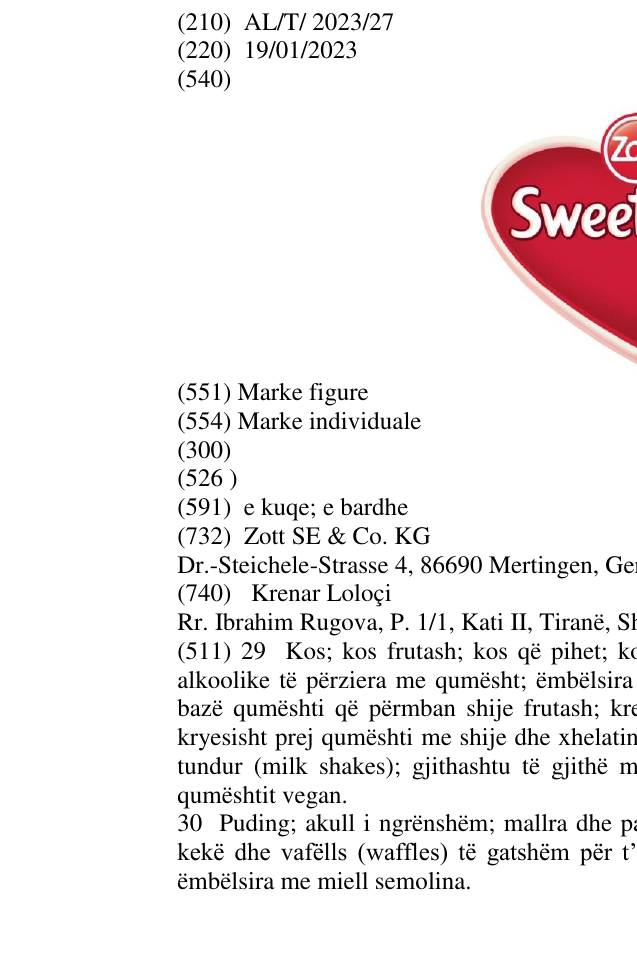 Zëri i markës SWEETHEART në buletin
