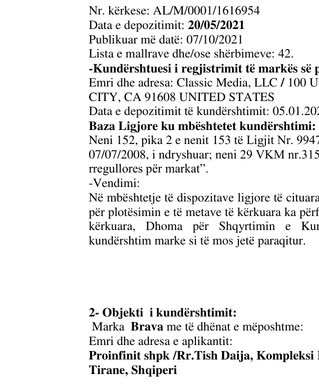 Zëri i markës AL/M/0001/1616954 në buletin