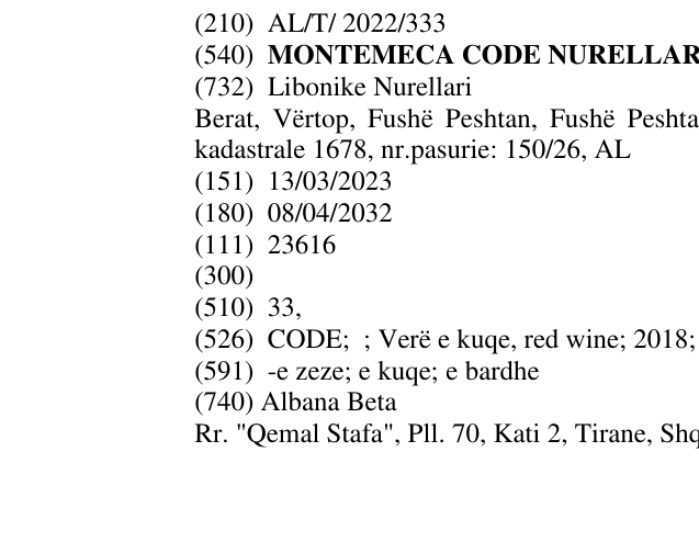 Zëri i markës MONTEMECA CODE NURELLARI BERAT në buletin