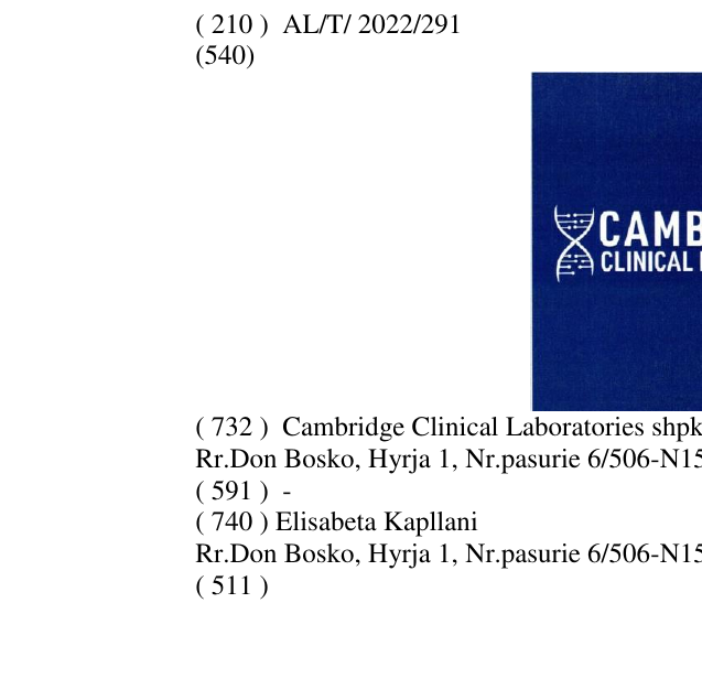 Zëri i markës Cambridge Clinical Laboratories në buletin